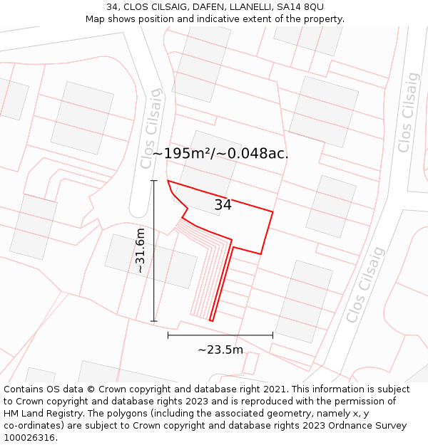 34, CLOS CILSAIG, DAFEN, LLANELLI, SA14 8QU: Plot and title map