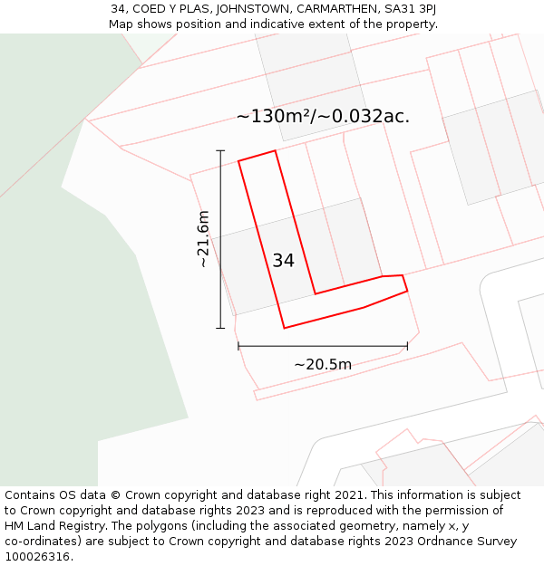 34, COED Y PLAS, JOHNSTOWN, CARMARTHEN, SA31 3PJ: Plot and title map