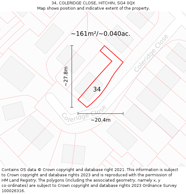 34, COLERIDGE CLOSE, HITCHIN, SG4 0QX: Plot and title map