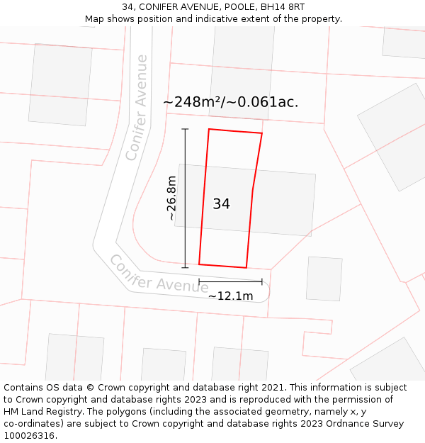 34, CONIFER AVENUE, POOLE, BH14 8RT: Plot and title map