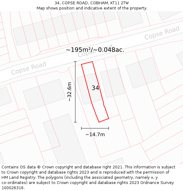 34, COPSE ROAD, COBHAM, KT11 2TW: Plot and title map