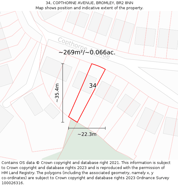 34, COPTHORNE AVENUE, BROMLEY, BR2 8NN: Plot and title map