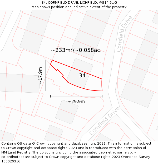 34, CORNFIELD DRIVE, LICHFIELD, WS14 9UG: Plot and title map