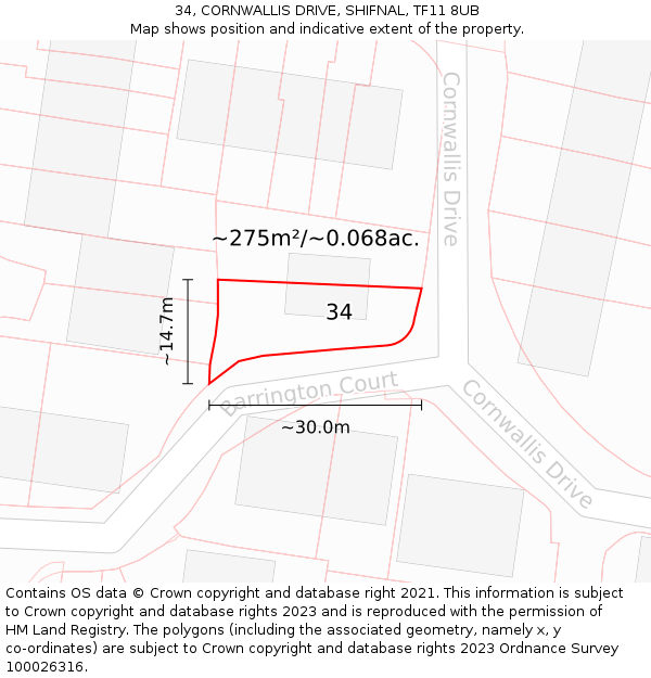 34, CORNWALLIS DRIVE, SHIFNAL, TF11 8UB: Plot and title map