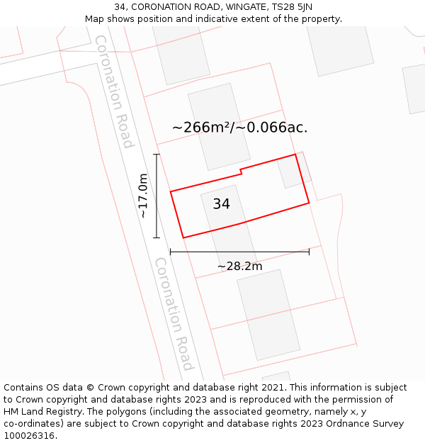 34, CORONATION ROAD, WINGATE, TS28 5JN: Plot and title map