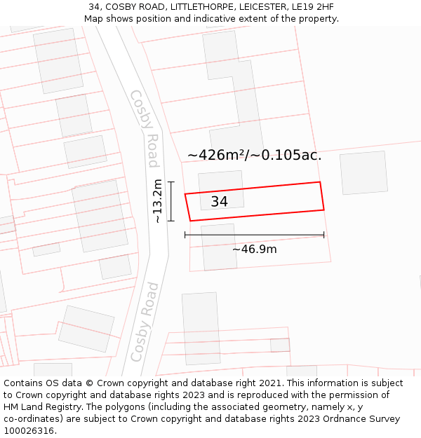 34, COSBY ROAD, LITTLETHORPE, LEICESTER, LE19 2HF: Plot and title map