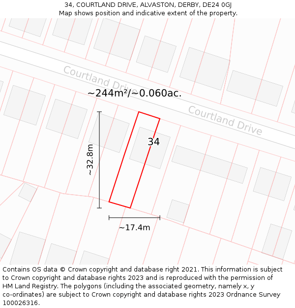 34, COURTLAND DRIVE, ALVASTON, DERBY, DE24 0GJ: Plot and title map