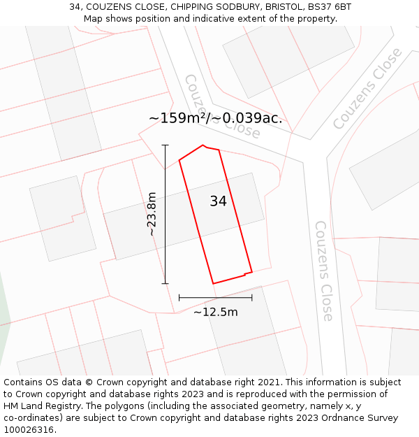 34, COUZENS CLOSE, CHIPPING SODBURY, BRISTOL, BS37 6BT: Plot and title map