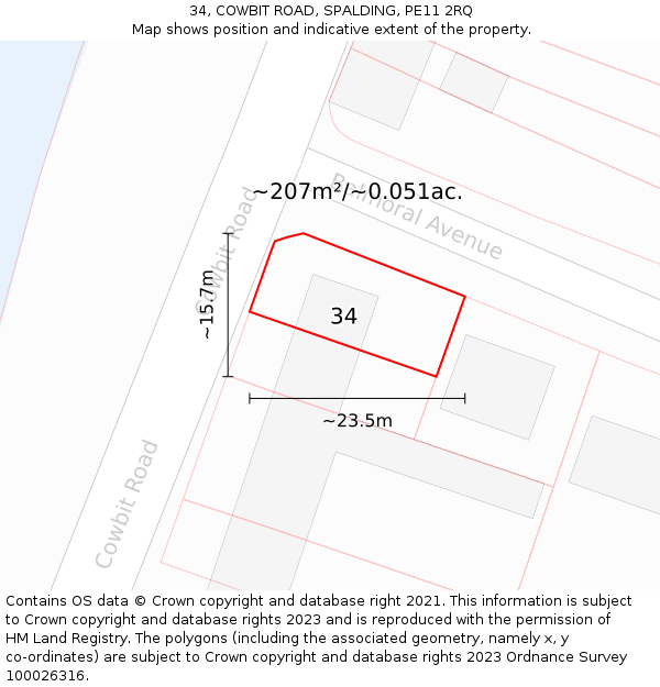 34, COWBIT ROAD, SPALDING, PE11 2RQ: Plot and title map