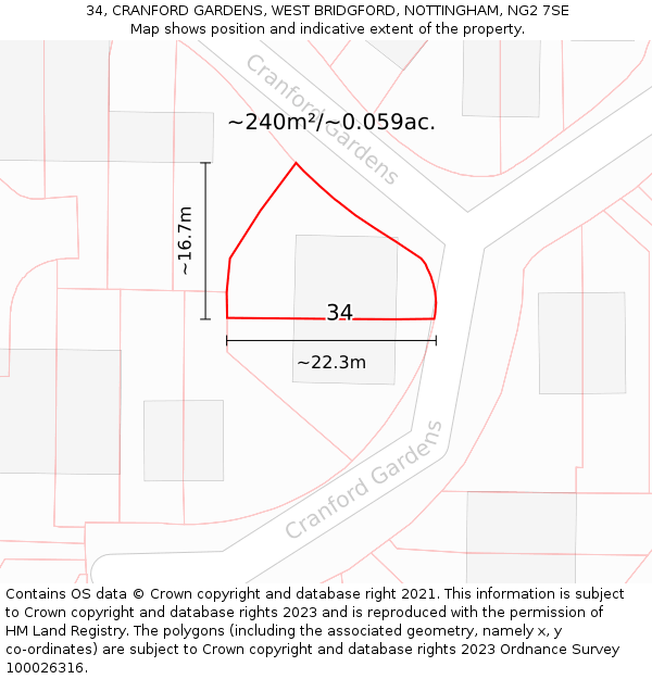 34, CRANFORD GARDENS, WEST BRIDGFORD, NOTTINGHAM, NG2 7SE: Plot and title map