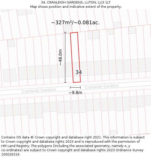 34, CRANLEIGH GARDENS, LUTON, LU3 1LT: Plot and title map