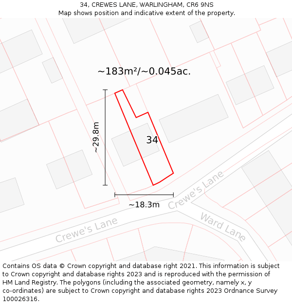 34, CREWES LANE, WARLINGHAM, CR6 9NS: Plot and title map