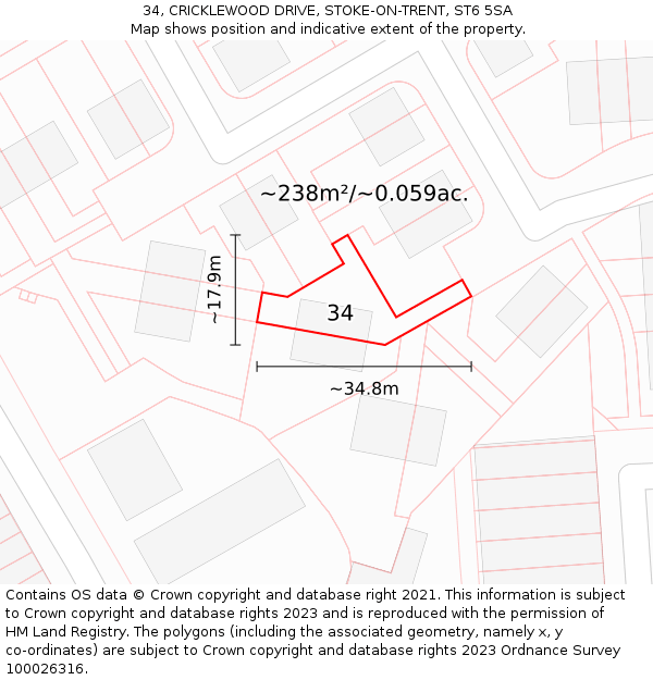 34, CRICKLEWOOD DRIVE, STOKE-ON-TRENT, ST6 5SA: Plot and title map