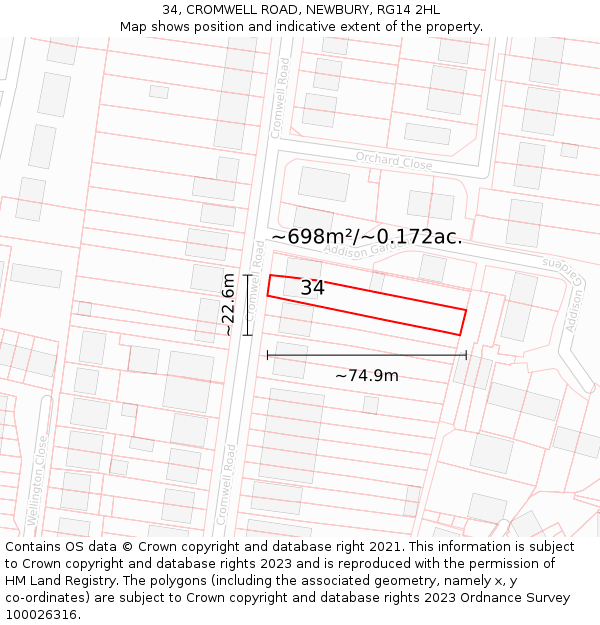 34, CROMWELL ROAD, NEWBURY, RG14 2HL: Plot and title map