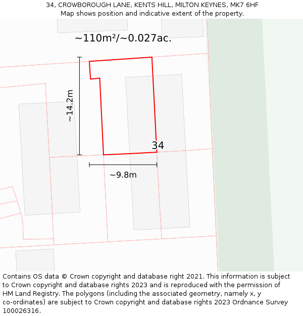 34, CROWBOROUGH LANE, KENTS HILL, MILTON KEYNES, MK7 6HF: Plot and title map