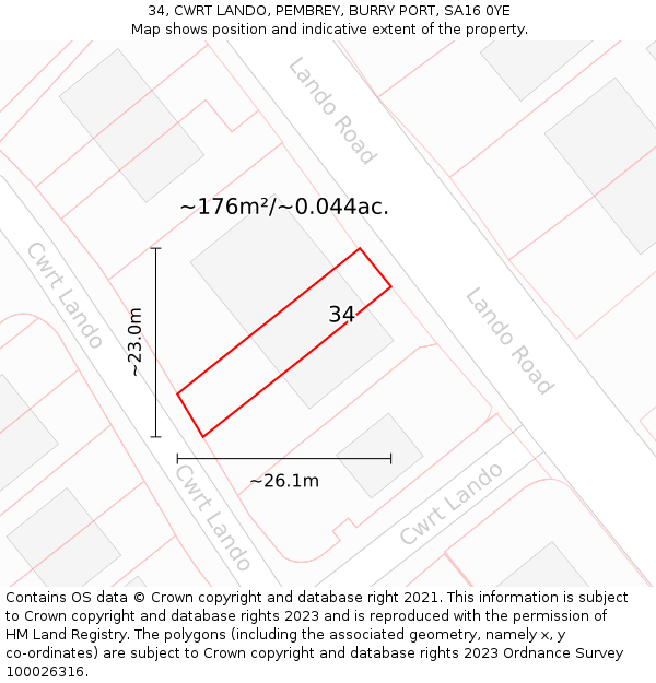 34, CWRT LANDO, PEMBREY, BURRY PORT, SA16 0YE: Plot and title map