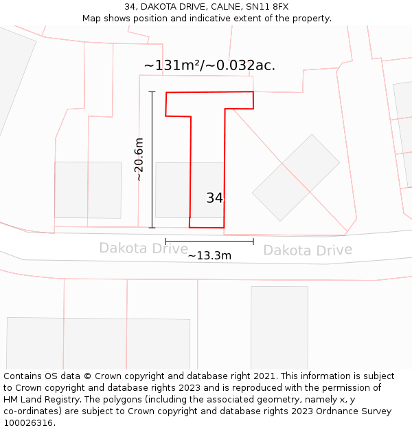 34, DAKOTA DRIVE, CALNE, SN11 8FX: Plot and title map