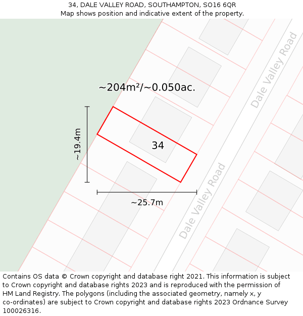 34, DALE VALLEY ROAD, SOUTHAMPTON, SO16 6QR: Plot and title map