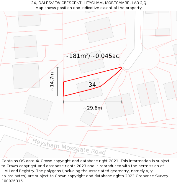 34, DALESVIEW CRESCENT, HEYSHAM, MORECAMBE, LA3 2JQ: Plot and title map
