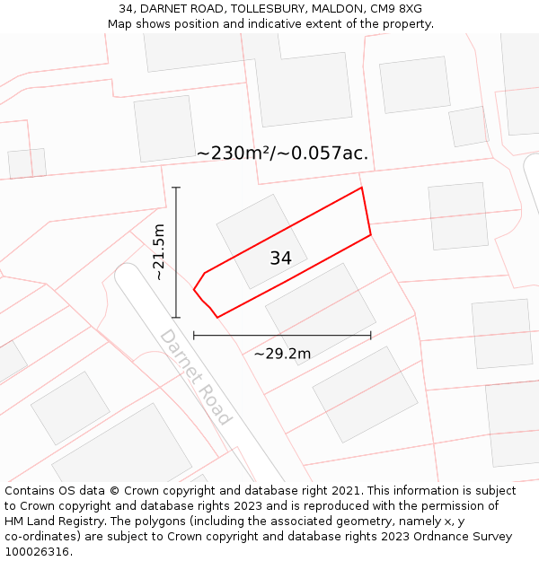 34, DARNET ROAD, TOLLESBURY, MALDON, CM9 8XG: Plot and title map