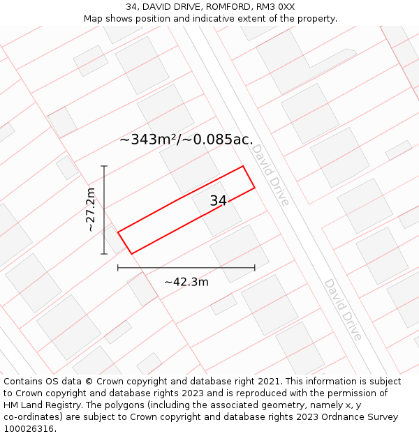 34, DAVID DRIVE, ROMFORD, RM3 0XX: Plot and title map