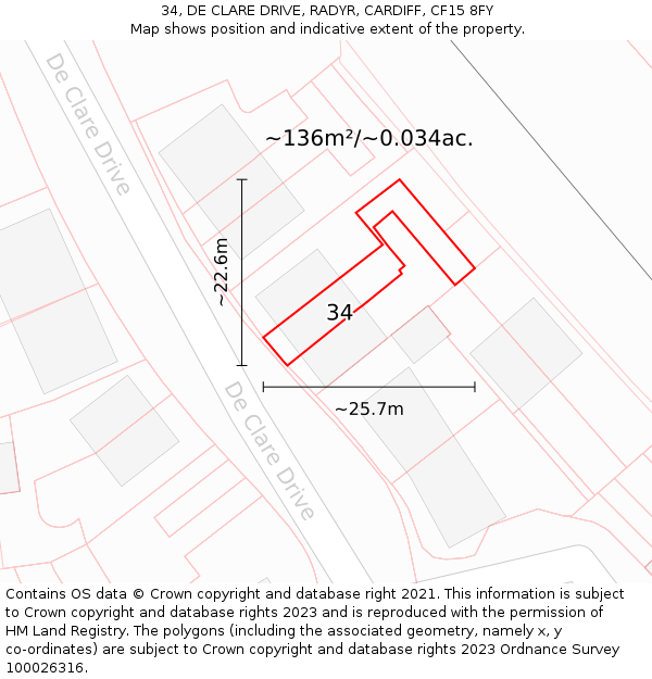 34, DE CLARE DRIVE, RADYR, CARDIFF, CF15 8FY: Plot and title map