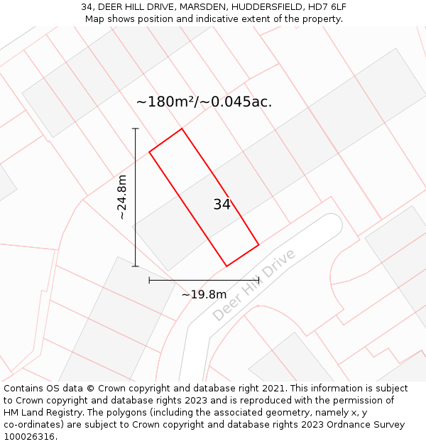 34, DEER HILL DRIVE, MARSDEN, HUDDERSFIELD, HD7 6LF: Plot and title map