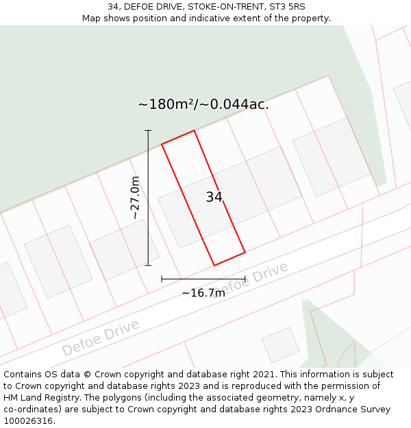 34, DEFOE DRIVE, STOKE-ON-TRENT, ST3 5RS: Plot and title map