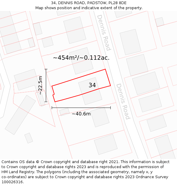 34, DENNIS ROAD, PADSTOW, PL28 8DE: Plot and title map