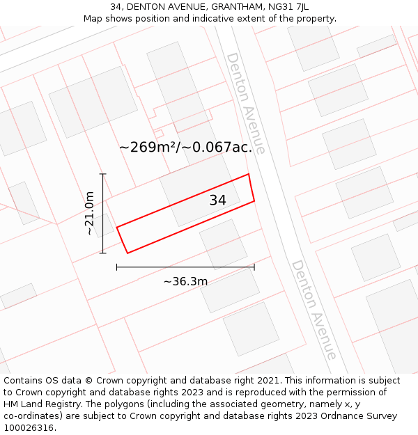 34, DENTON AVENUE, GRANTHAM, NG31 7JL: Plot and title map