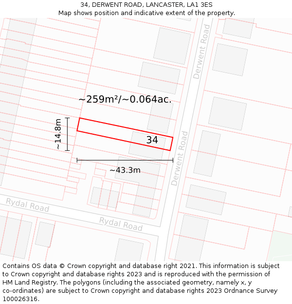 34, DERWENT ROAD, LANCASTER, LA1 3ES: Plot and title map