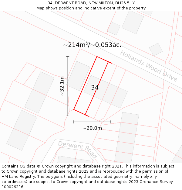 34, DERWENT ROAD, NEW MILTON, BH25 5HY: Plot and title map