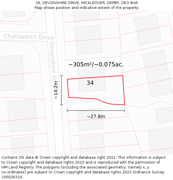 34, DEVONSHIRE DRIVE, MICKLEOVER, DERBY, DE3 9HA: Plot and title map