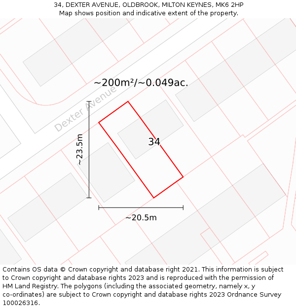 34, DEXTER AVENUE, OLDBROOK, MILTON KEYNES, MK6 2HP: Plot and title map