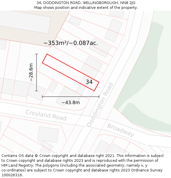 34, DODDINGTON ROAD, WELLINGBOROUGH, NN8 2JG: Plot and title map