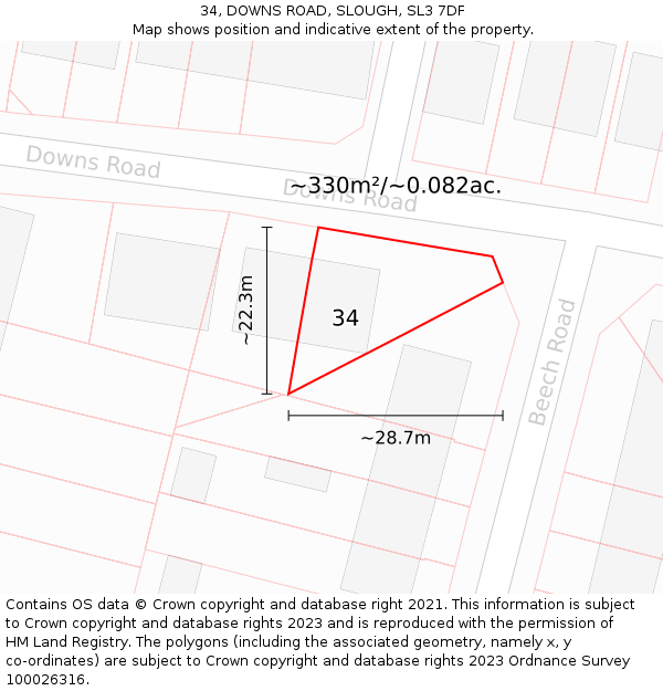 34, DOWNS ROAD, SLOUGH, SL3 7DF: Plot and title map