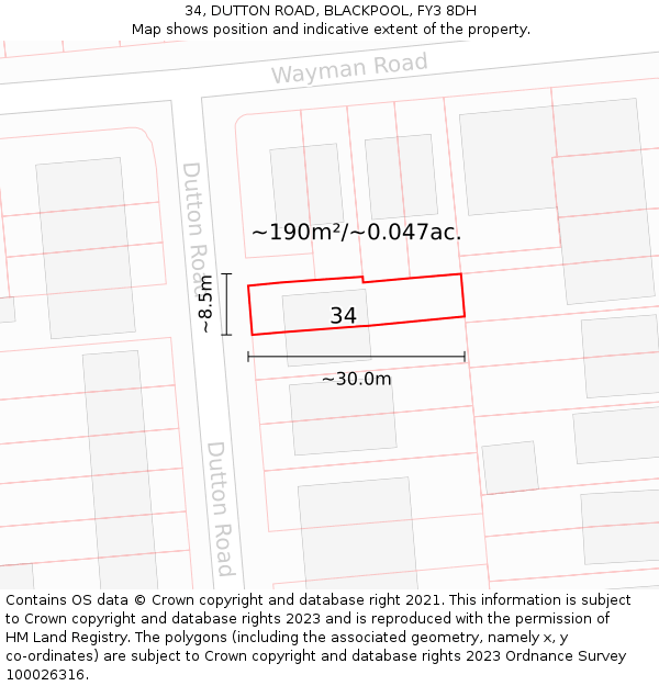 34, DUTTON ROAD, BLACKPOOL, FY3 8DH: Plot and title map