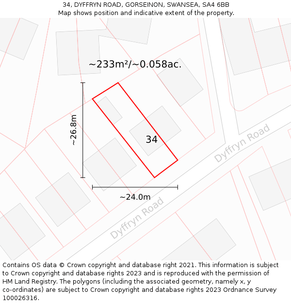 34, DYFFRYN ROAD, GORSEINON, SWANSEA, SA4 6BB: Plot and title map