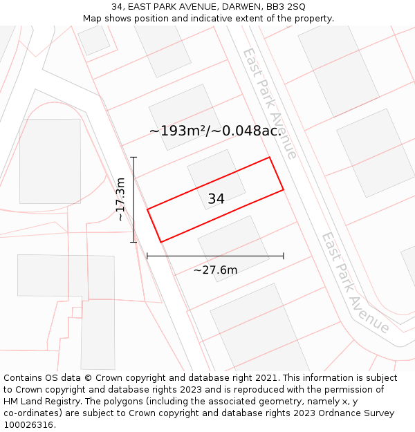 34, EAST PARK AVENUE, DARWEN, BB3 2SQ: Plot and title map