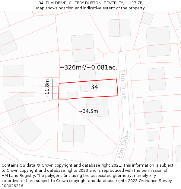 34, ELM DRIVE, CHERRY BURTON, BEVERLEY, HU17 7RJ: Plot and title map