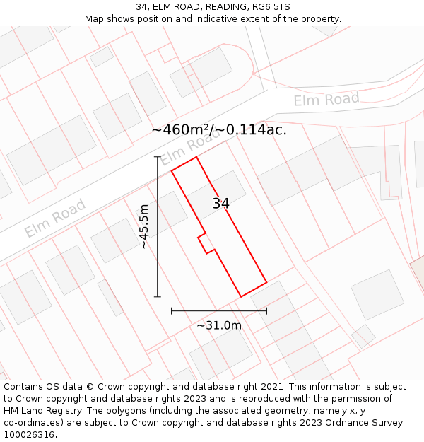 34, ELM ROAD, READING, RG6 5TS: Plot and title map