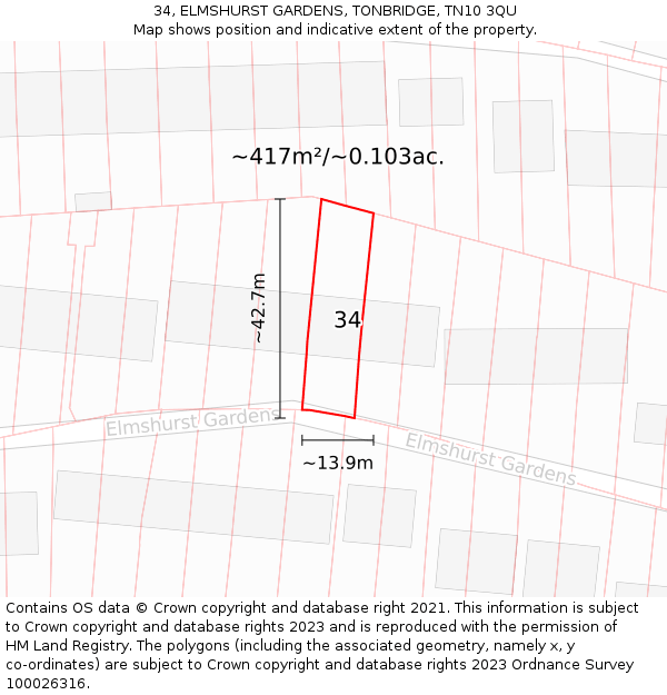34, ELMSHURST GARDENS, TONBRIDGE, TN10 3QU: Plot and title map