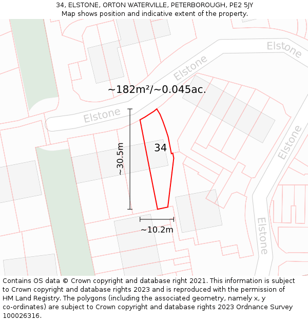 34, ELSTONE, ORTON WATERVILLE, PETERBOROUGH, PE2 5JY: Plot and title map