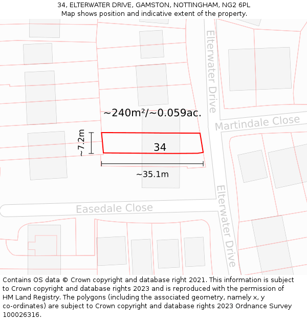 34, ELTERWATER DRIVE, GAMSTON, NOTTINGHAM, NG2 6PL: Plot and title map