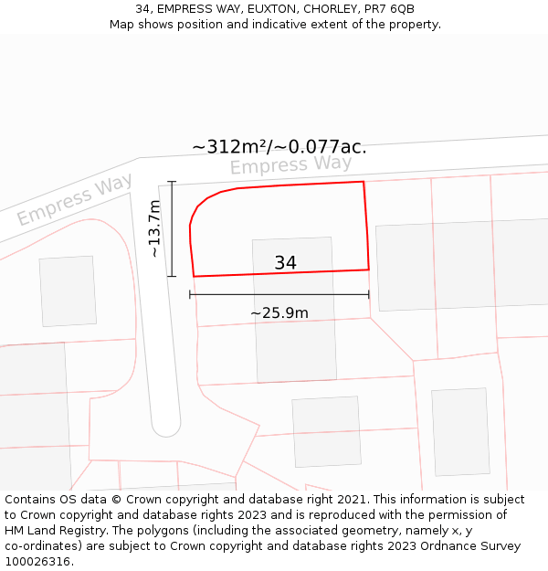 34, EMPRESS WAY, EUXTON, CHORLEY, PR7 6QB: Plot and title map