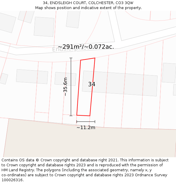 34, ENDSLEIGH COURT, COLCHESTER, CO3 3QW: Plot and title map