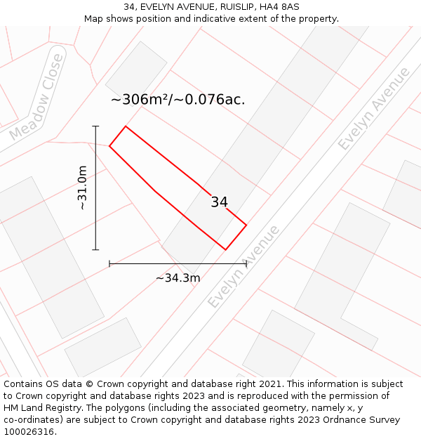 34, EVELYN AVENUE, RUISLIP, HA4 8AS: Plot and title map