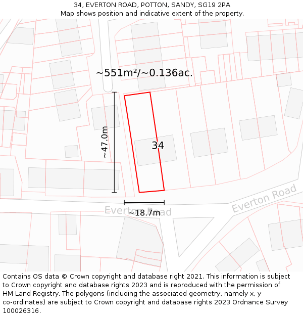 34, EVERTON ROAD, POTTON, SANDY, SG19 2PA: Plot and title map