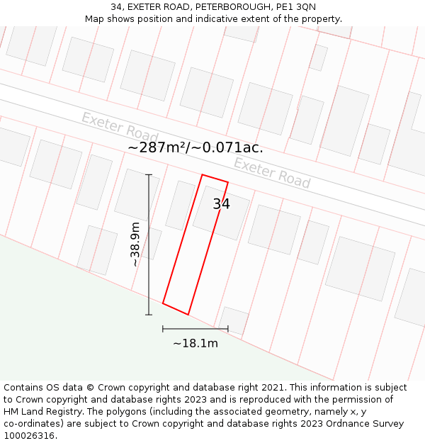 34, EXETER ROAD, PETERBOROUGH, PE1 3QN: Plot and title map