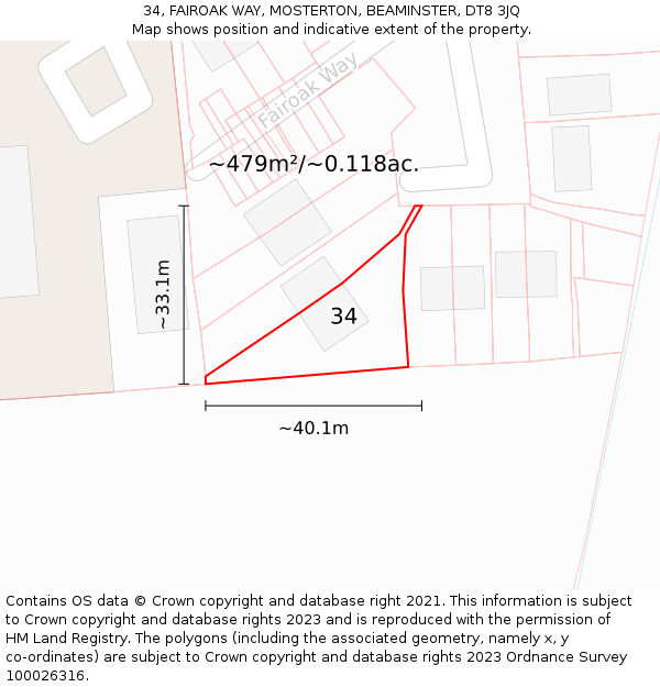 34, FAIROAK WAY, MOSTERTON, BEAMINSTER, DT8 3JQ: Plot and title map